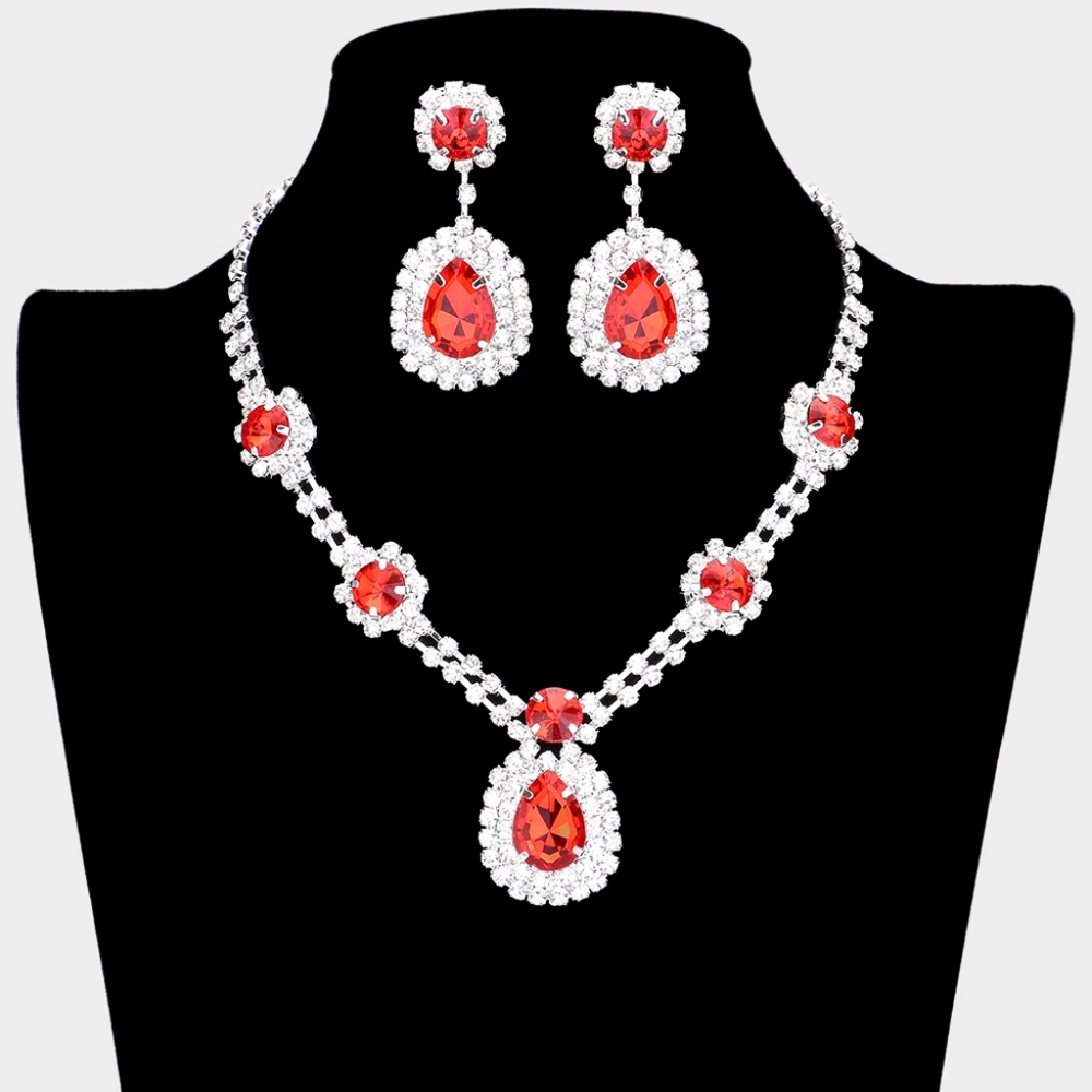 Red Rhinestone Crystal Teardrop Chain Set Necklace Bling Evening Jewelry